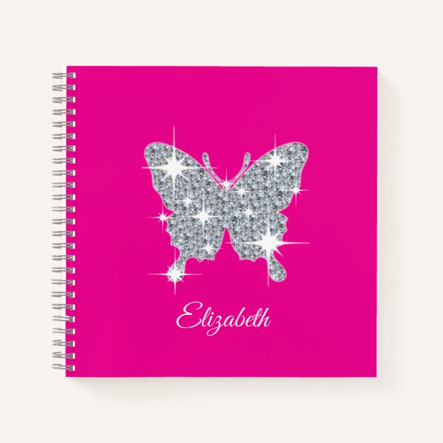 Personalised faux diamond sparkle butterfly notebook (Front)