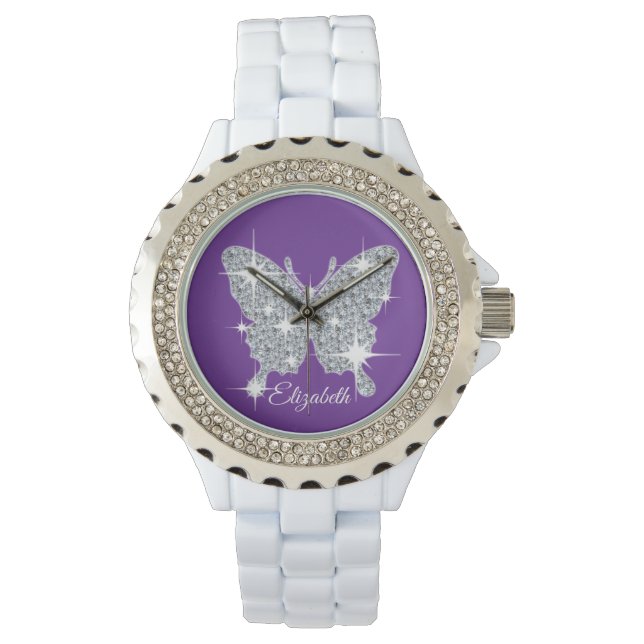 Personalised faux diamond sparkle butterfly watch (Front)