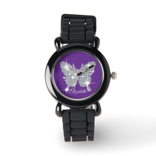 Personalised faux diamond sparkle butterfly watch (Front)