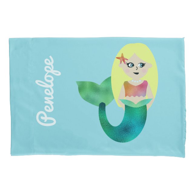 Personalised Faux Foil Blonde Mermaid Girls Pretty Pillowcase (Front)