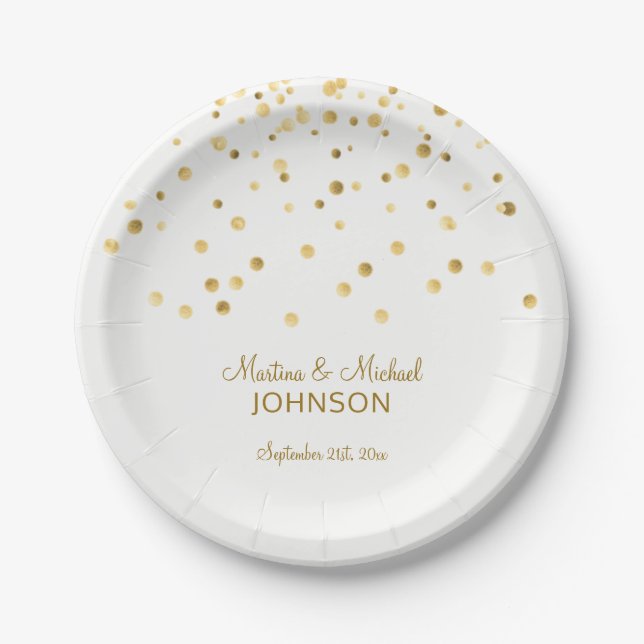 Personalised Faux Gold Confetti White Wedding Paper Plate (Front)