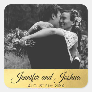 Personalised Faux Gold Foil Black Wedding   PHOTO Square Sticker