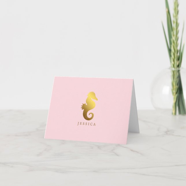 Personalised Faux Gold Foil Seahorse Note Card (Front)