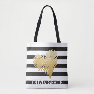 Personalised Faux Gold Heart Black Striped Tote Bag