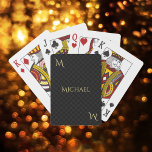 Personalised Faux Gold Monogram Name Checks Poker Playing Cards<br><div class="desc">Custom, personalised, classy, modern, black and grey chequered pattern, elegant faux gold typography / script monogram and name, Bicycle poker playing cards deck. Simply type in your initial / monogram, and your name, to customise. Makes a great custom, personalised gift for birthday, wedding, anniversary, graduation, fathers day, thanksgiving, holidays, christmas,...</div>