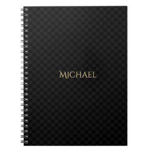 Personalised Faux Gold Name Black Check Pattern Notebook