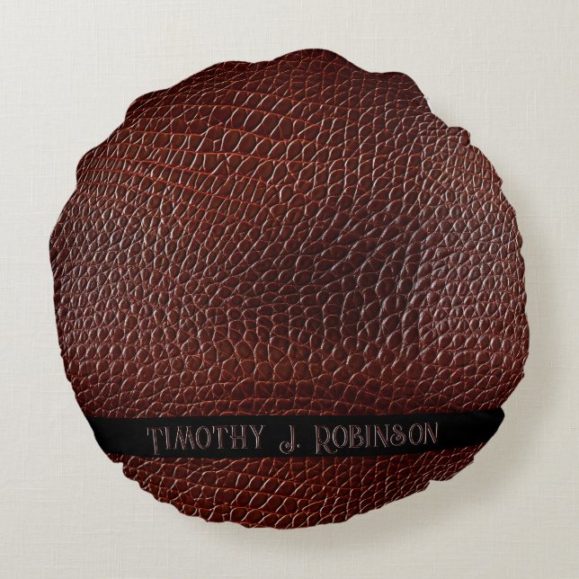 Personalised Faux Leather Brown Embossed Round Cushion (Back)