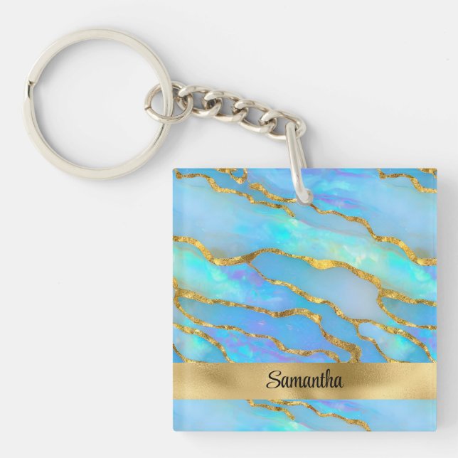 Personalised Faux Opal Stone and Gold Key Ring (Front)