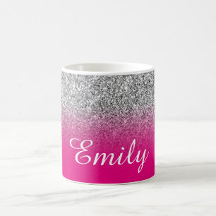 Personalised Faux Silver Hot Pink Ombre Glitter Coffee Mug