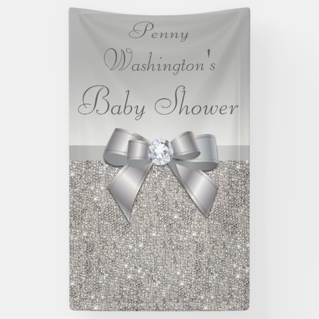 Personalised Faux Silver Sequins Bow Baby Shower Banner (Vertical)