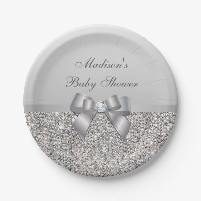 Personalised Faux Silver Sequins Bow Baby Shower Paper Plate (Front)