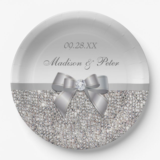 Personalised Faux Silver Sequins Bow Wedding Paper Plate (Front)