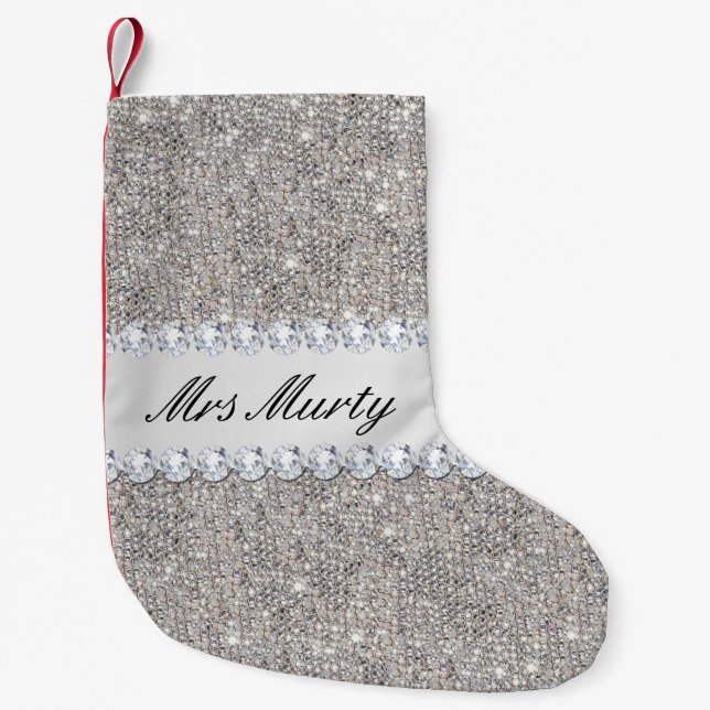 Personalised Faux Silver Sequins Diamonds Small Christmas Stocking (Front)