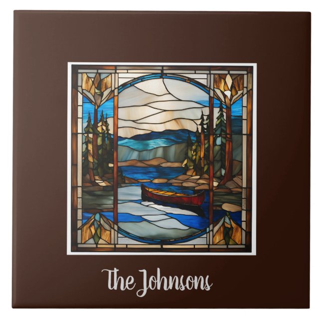 Personalised Faux Stained Glass Canoe Landscape Tile (Front)