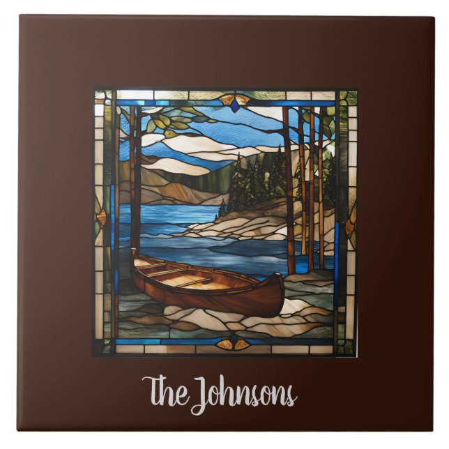 Personalised Faux Stained Glass Canoe Landscape Tile (Front)
