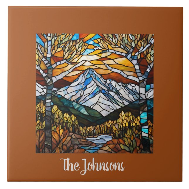 Personalised Faux Stained Glass Mountain Landscape Tile (Front)