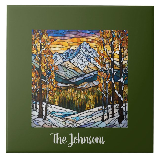 Personalised Faux Stained Glass Mountain Landscape Tile (Front)