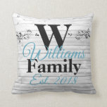 Personalised Faux Wood Family Monogram Cushion<br><div class="desc">Beautiful, unique, one-of-a-kind personalised faux rustic white wood with black and blue monogrammed canvas with the family initial, name, and date established in a script and masculine font overlay design on a printed light wood effect background with two beautiful swirls next to the initial. Personalise this item by adding your...</div>