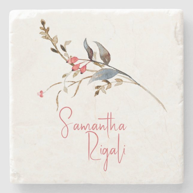 Personalised Favours Watercolor Botanical Berries Stone Coaster (Front)