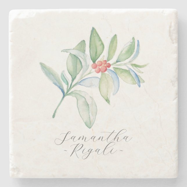 Personalised Favours Watercolor Christmas Botanica Stone Coaster (Front)
