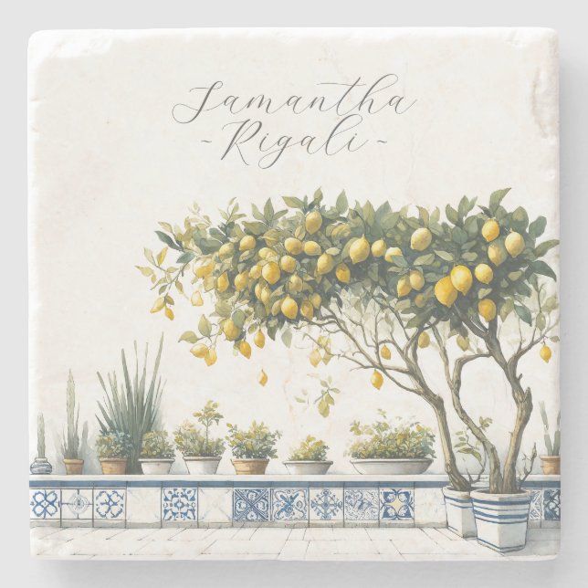 Personalised Favours Watercolor Lemon Blue Tile Stone Coaster (Front)