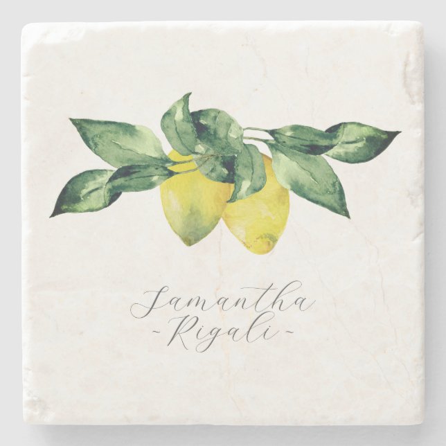 Personalised Favours Watercolor Lemon Botanical Stone Coaster (Front)