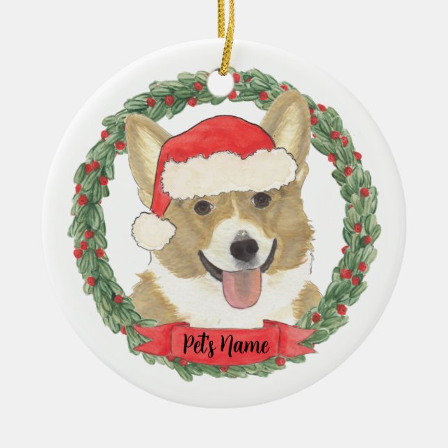 Personalised Fawn Corgi Christmas Ceramic Tree Decoration (Front)