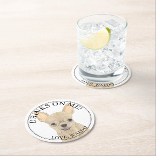 Personalised Fawn Long Haired Chihuahua Wedding Round Paper Coaster