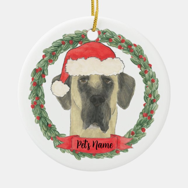 Personalised Fawn Masked Great Dane Ceramic Tree Decoration (Front)