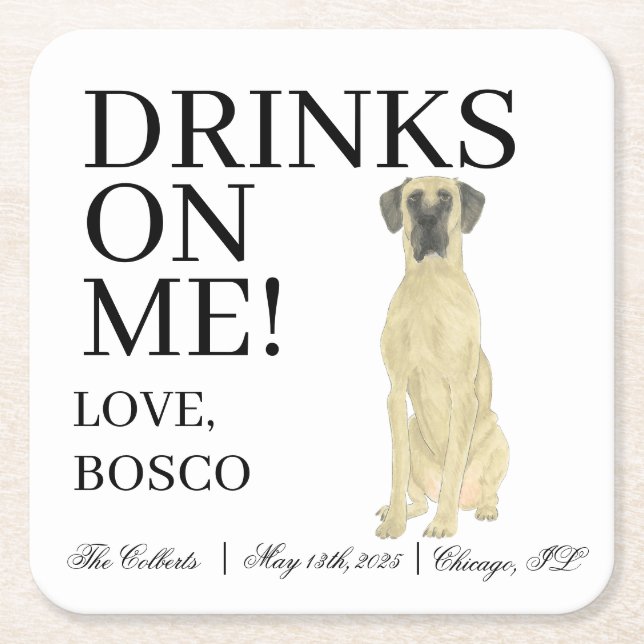 Personalised Fawn Masked Great Dane Wedding Square Paper Coaster (Front)