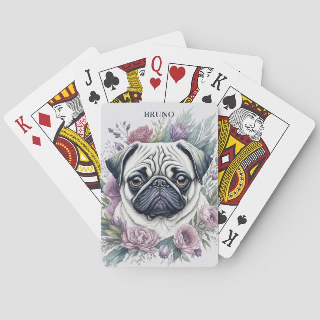 Personalised Fawn Pug Watercolor Floral Playing Cards (Back)