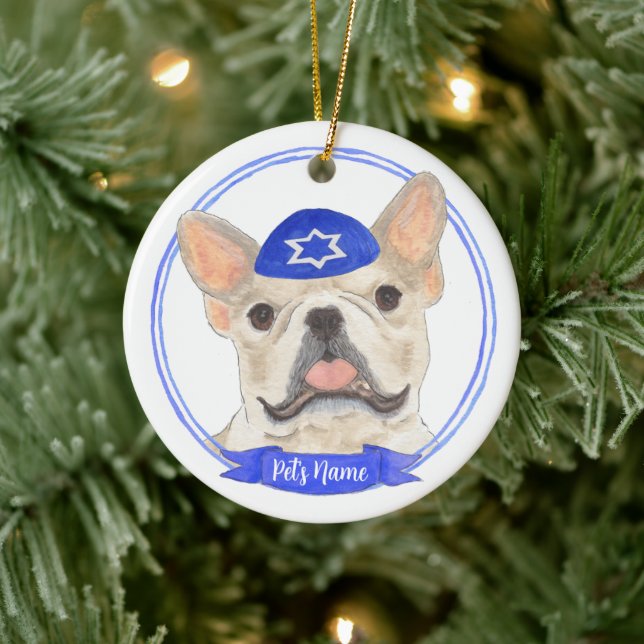 Personalised Fawn Tan Frenchie Dog Hanukkah Ceramic Tree Decoration (Tree)