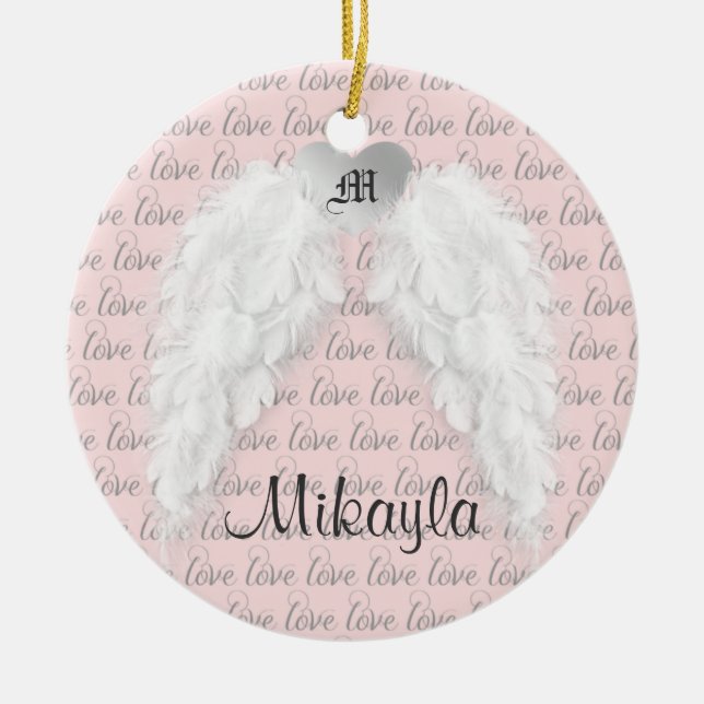 Personalised Feather Angel Wings Ceramic Tree Decoration (Front)