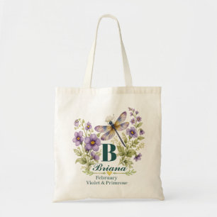 Personalised February Birth Flower Dragonfly Tote  Bag