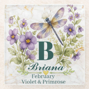 Personalised February Birth Flower Dragonfly Tote Glass Coaster