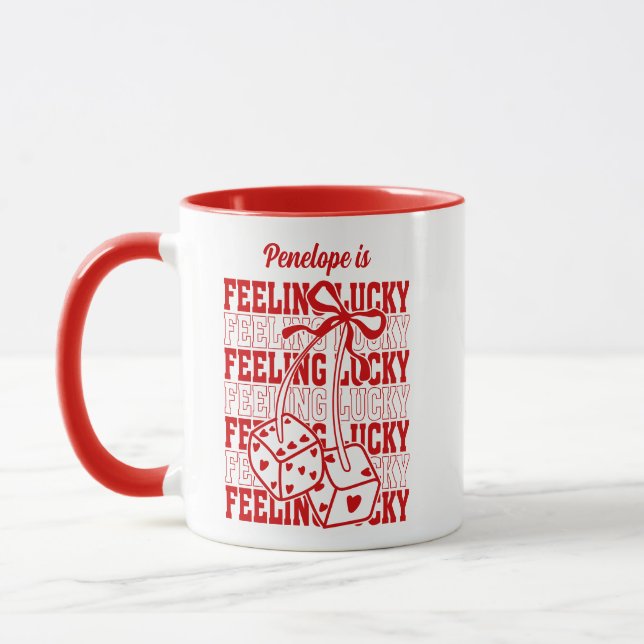 Personalised Feeling Lucky Dice Cherry Red Bow Mug (Left)