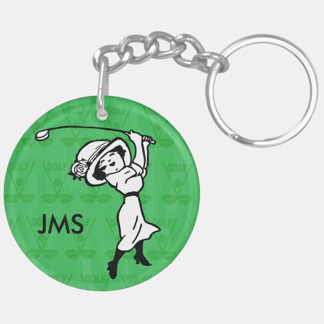 Personalised female golf cartoon golfer key ring (Back Left)
