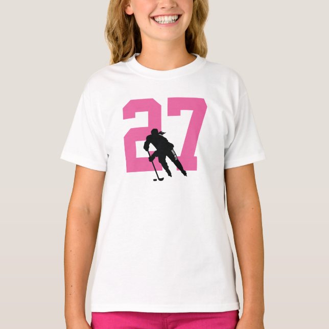 Personalised Female Hockey Player Name Number PInk T-Shirt (Front)
