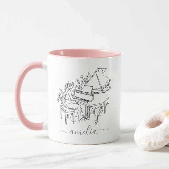 Personalised Female Piano Player Line Drawing      Mug (With Donut)