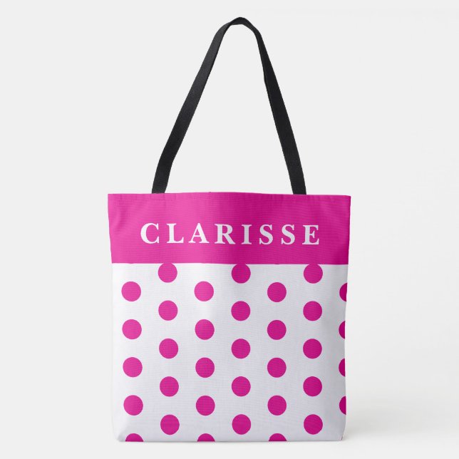 Personalised Feminine Hot Pink & White Polka Dots Tote Bag (Front)