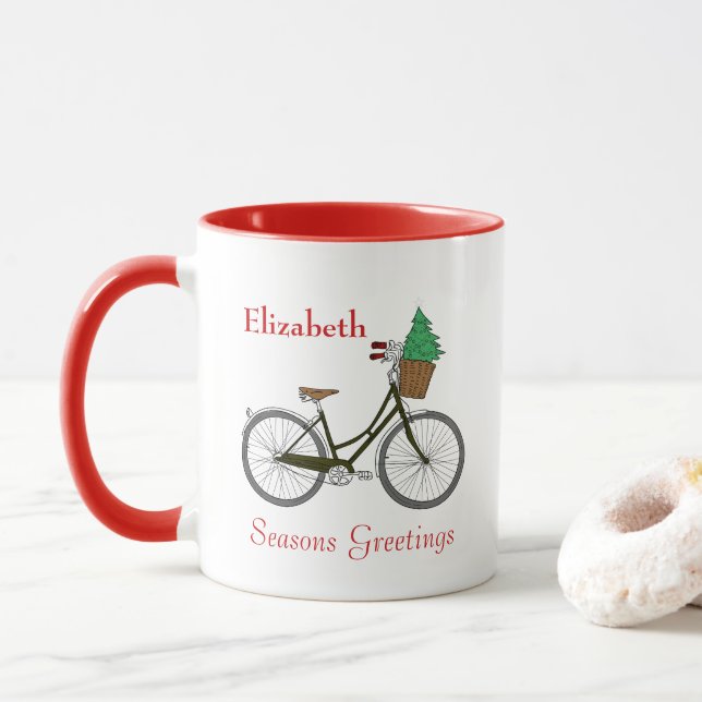Personalised Festive Bicycle Seasons Greetings Fun Mug (With Donut)