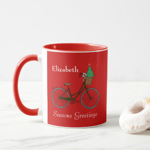 Personalised Festive Bicycle Seasons Greetings Red Mug