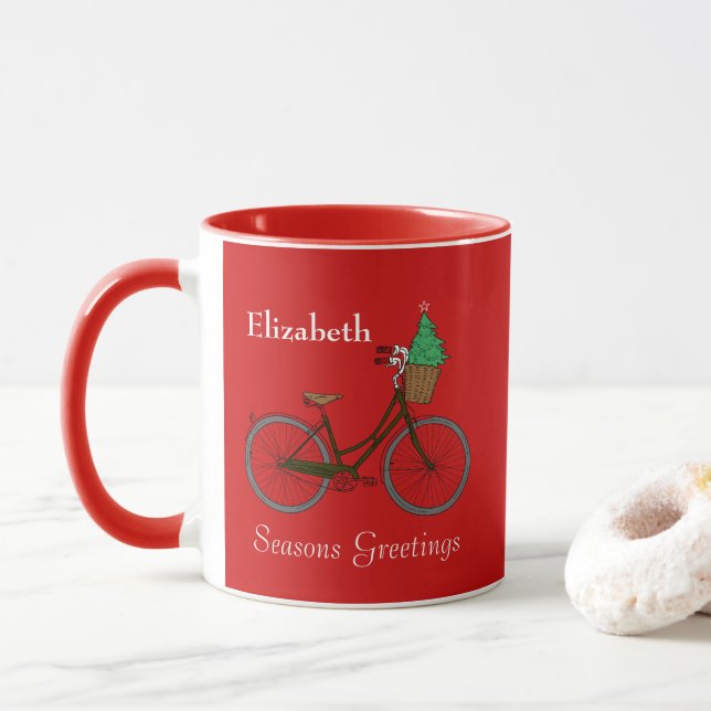 Personalised Festive Bicycle Seasons Greetings Red Mug (With Donut)