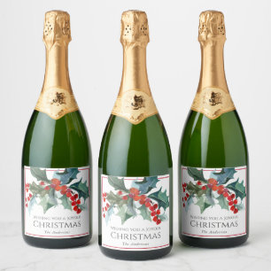 Personalised Festive Christmas Holly and Berries Sparkling Wine Label