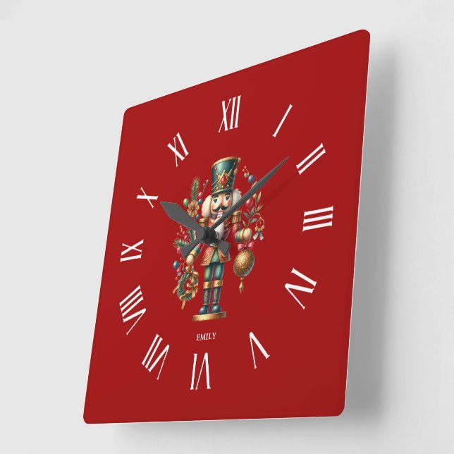 Personalised Festive Christmas Nutcracker Square Wall Clock (Angle)