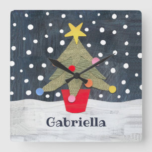 Personalised Festive Christmas Tree Square Wall Clock