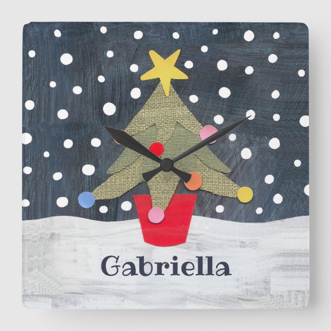 Personalised Festive Christmas Tree Square Wall Clock (Front)