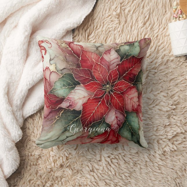 Personalised Festive Floral Alcohol Ink Poinsettia Cushion (Blanket)