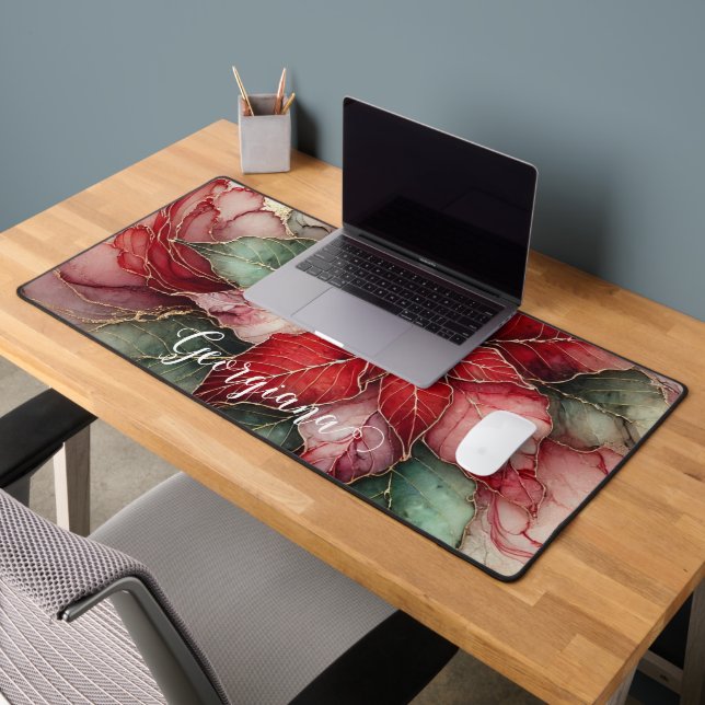 Personalised Festive Floral Alcohol Ink Poinsettia Desk Mat (Office 2)