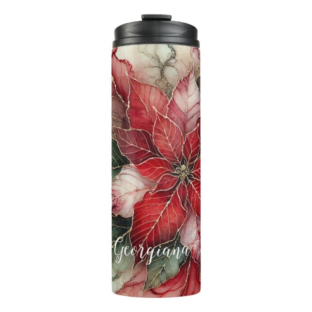 Personalised Festive Floral Alcohol Ink Poinsettia Thermal Tumbler (Front)